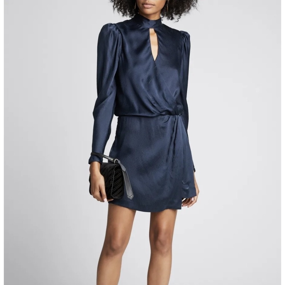 FRAME Silk Mock Neck Wrap Dress Womens M Navy Long Sleeve Mini Party Dress NWT